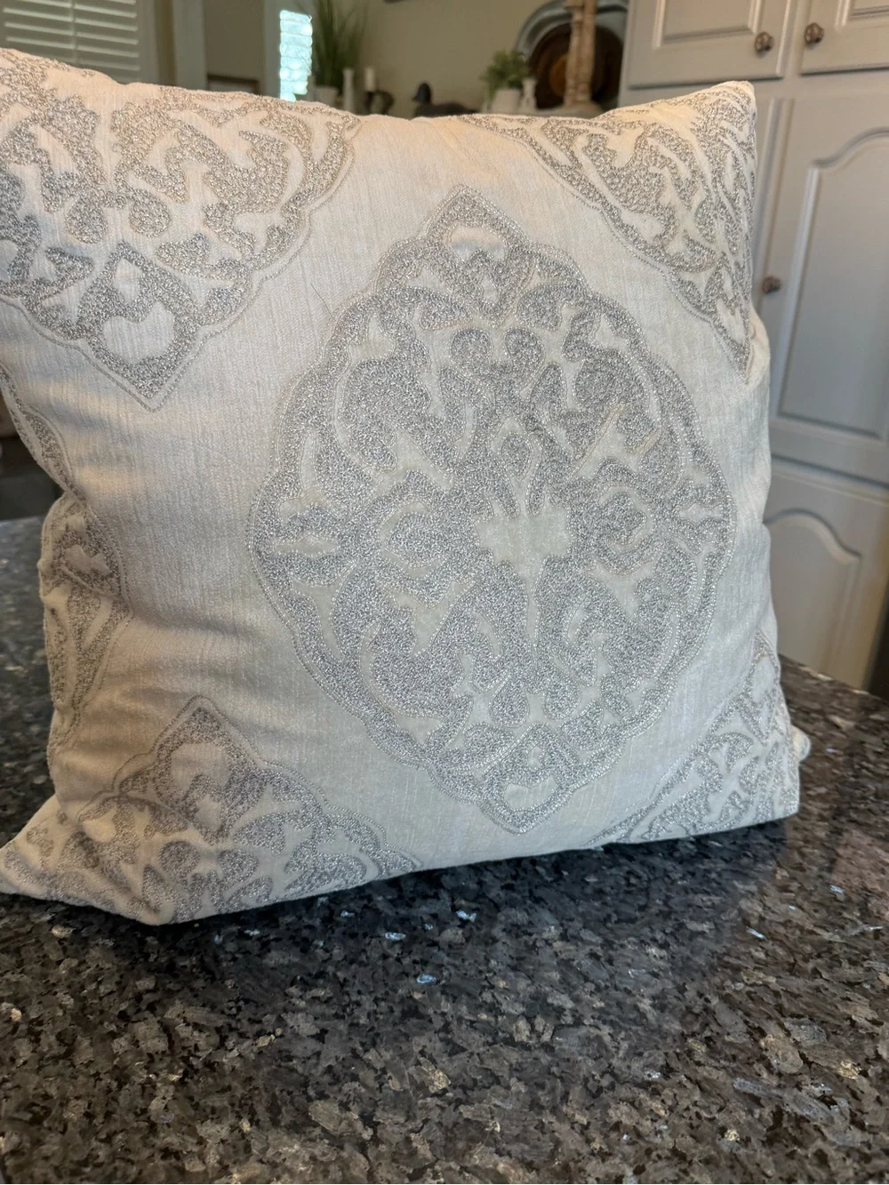 Z Gallerie silver and cream beaded damask accent pillow 22x22”